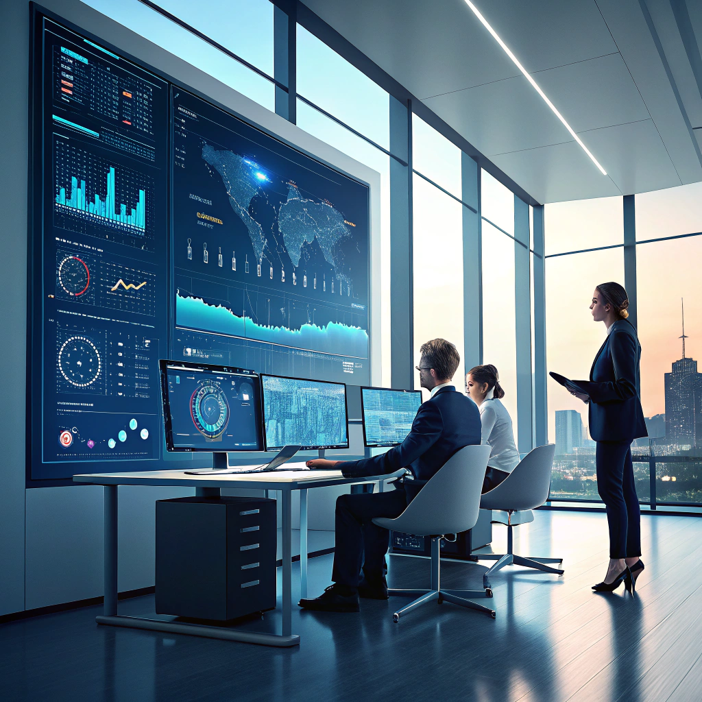 a modern business team analyzing ai dashboards on