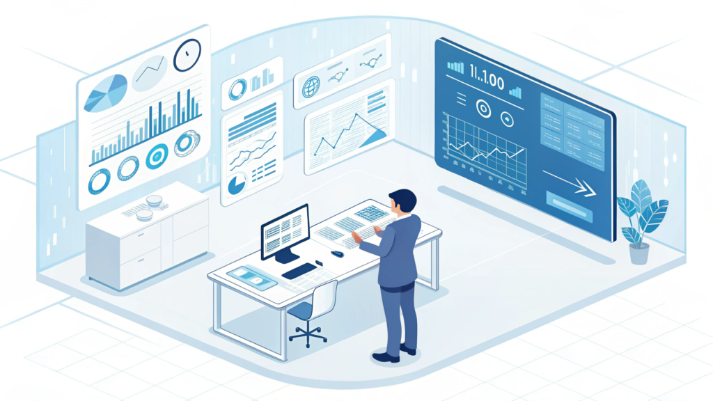 a modern business workspace with holographic ai da