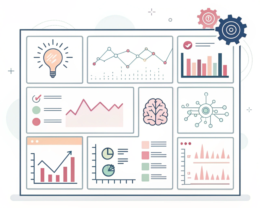 Illustration of AI-powered business dashboard with analytics, charts, and automation elements.