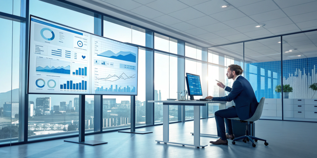 Business analyst using AI dashboards for data insights