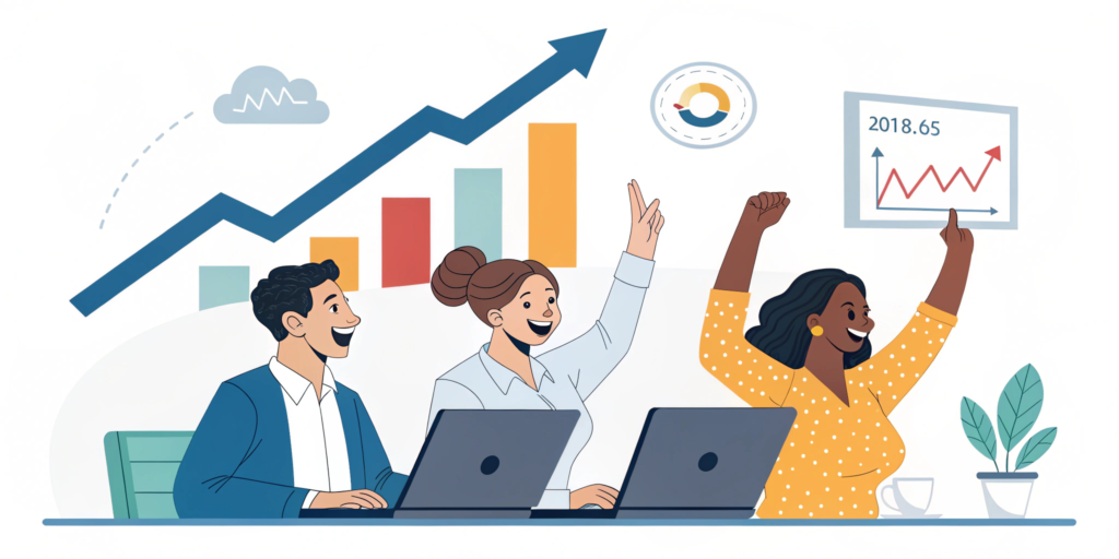 small business team celebrating growth using ai ma