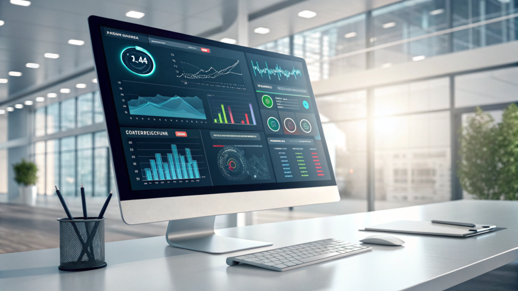 Small business owners using AI search optimization tools on a computer dashboard.