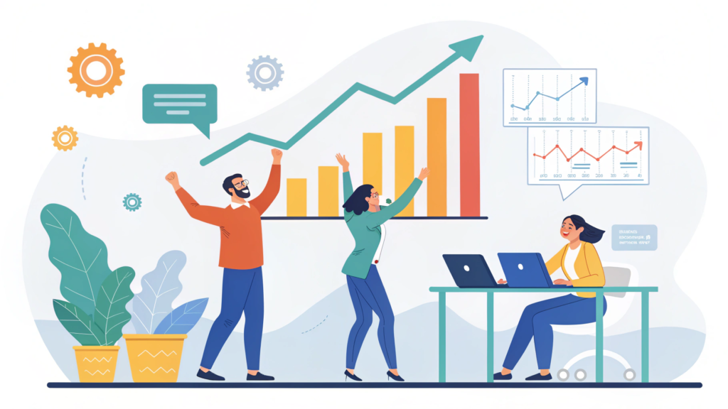 Small business team viewing growth analytics improved by AI.