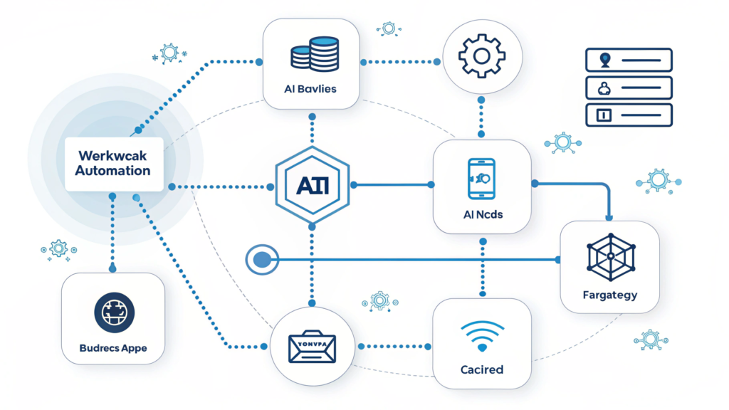 AI workflow automation diagram showing apps connected through smart automation nodes.