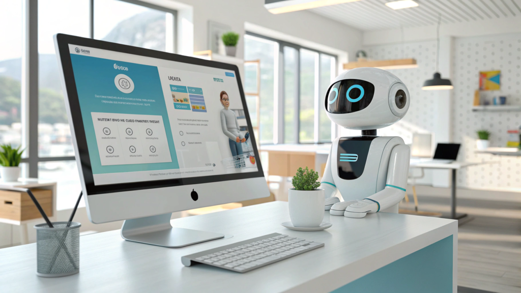 AI chatbot helping a small business owner manage customer messages in a modern office.