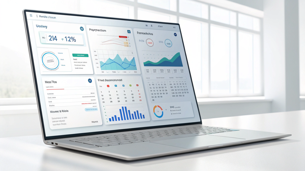 AI automating business tasks like scheduling, emails, and analytics on a laptop dashboard.