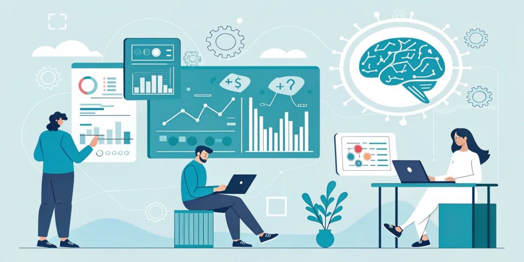 Small business owners using AI tools for marketing with dashboards and analytics on screens.