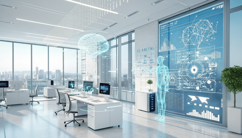 a modern business office with futuristic ai hologr (1)