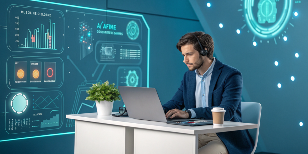 Small business owner using an AI avatar generator on a laptop to create digital avatars.