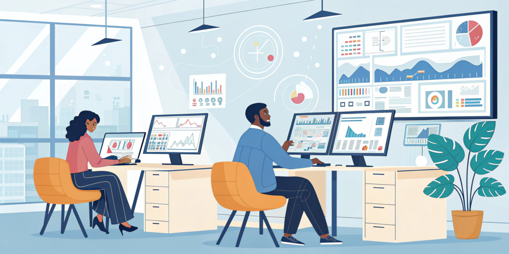 Small business owners using AI software to manage operations.