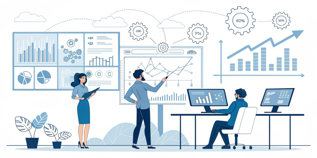 AI transforming business operations with data dashboards and automated workflows in a modern office setting.