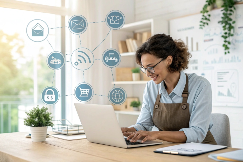 “Small business owner using AI automation tools to manage tasks and workflows.”