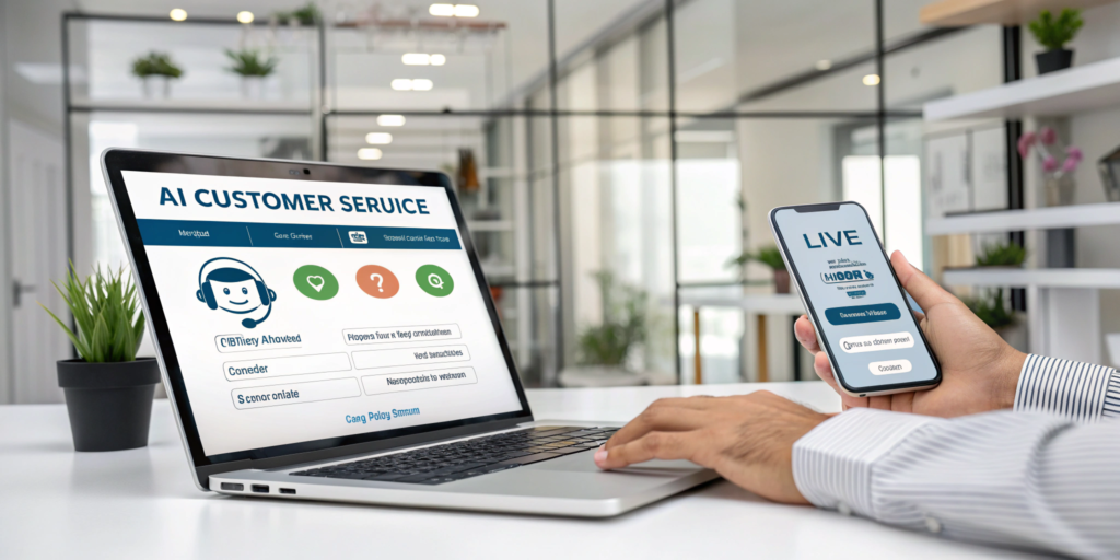 AI customer service solution displayed on a laptop in a modern small business office