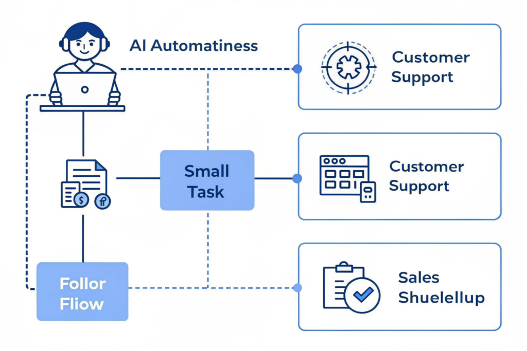 Diagram showing how AI automates small business tasks such as customer support and scheduling.