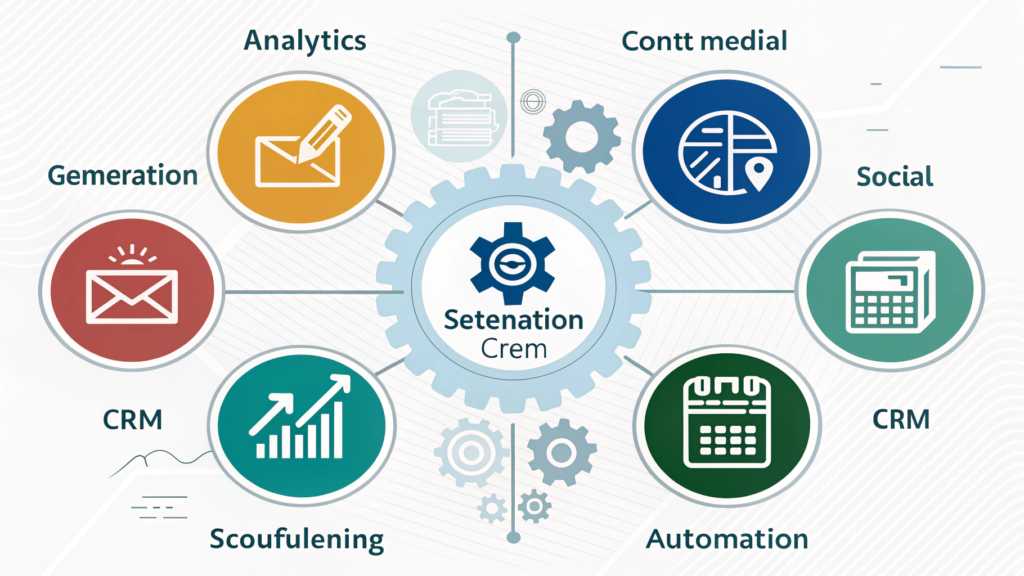 Infographic showing different AI tools for business including analytics, content creation, and CRM automation.