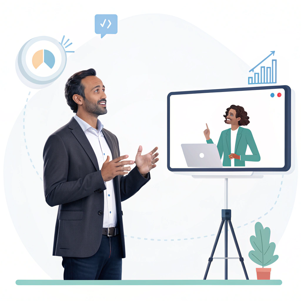 AI avatar speaking in a marketing video created for small business promotions.