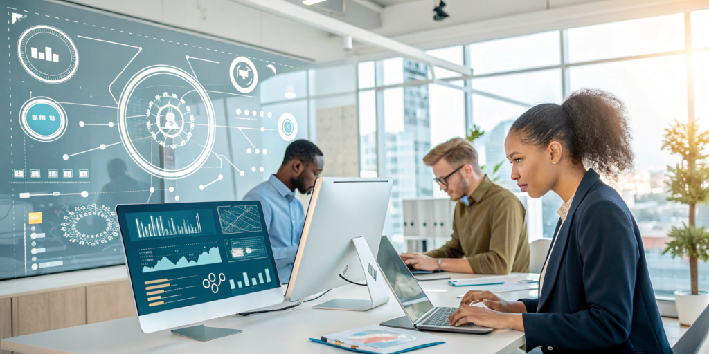 Small business team using AI for business operations to streamline tasks.