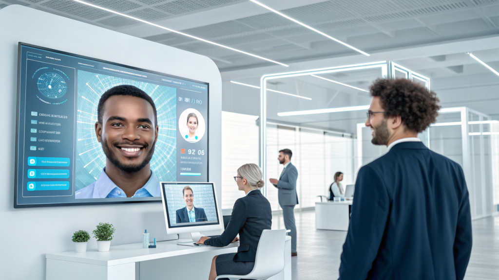 Small business owners using affordable AI avatar tools on a computer screen.