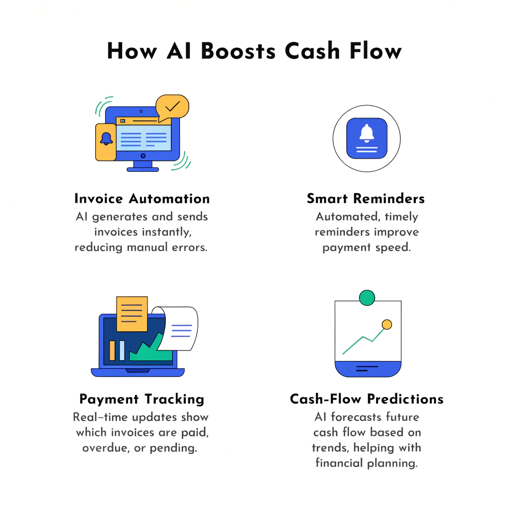 Infographic showing how AI improves cash flow through invoice automation and smart reminders.