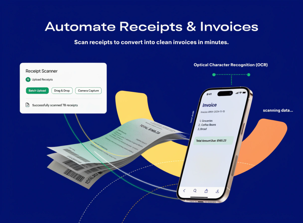 AI tool scanning receipts and converting them into digital invoices using automation.