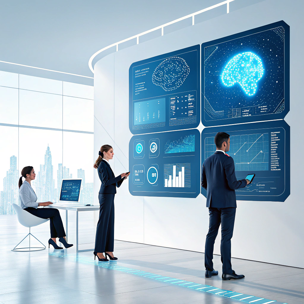 AI tools helping business professionals analyze data using futuristic dashboards and holographic interfaces.