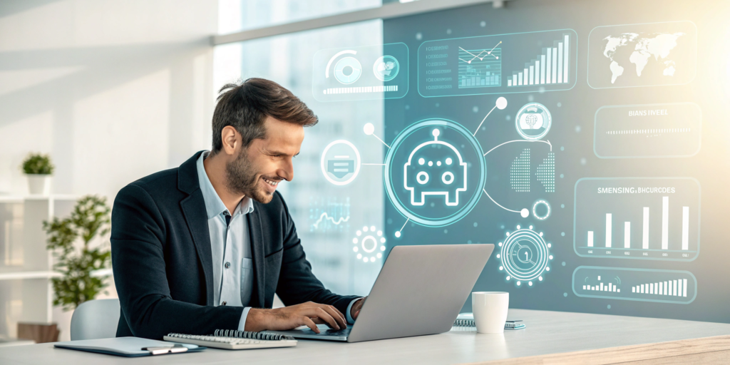 AI for business operations helping small business owner save time through automation, analytics dashboards, and digital assistants