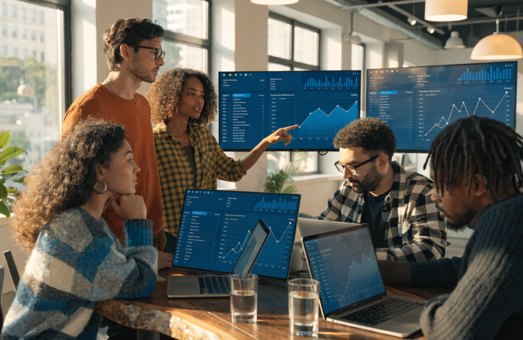 Team reviewing AI-generated monthly business reports and dashboards.