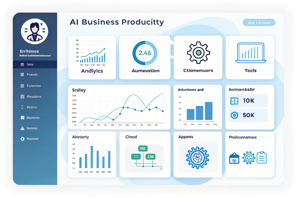 Dashboard displaying AI tools for business productivity such as analytics, automation, and forecasting features.