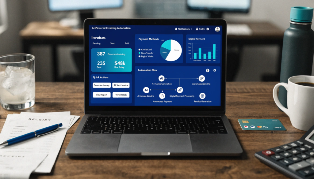 AI invoicing dashboard on a laptop showing automated billing workflows for small business owners.