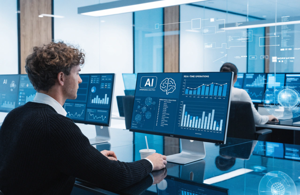 AI for business operations system automating workflows and managing business tasks in a futuristic digital dashboard.