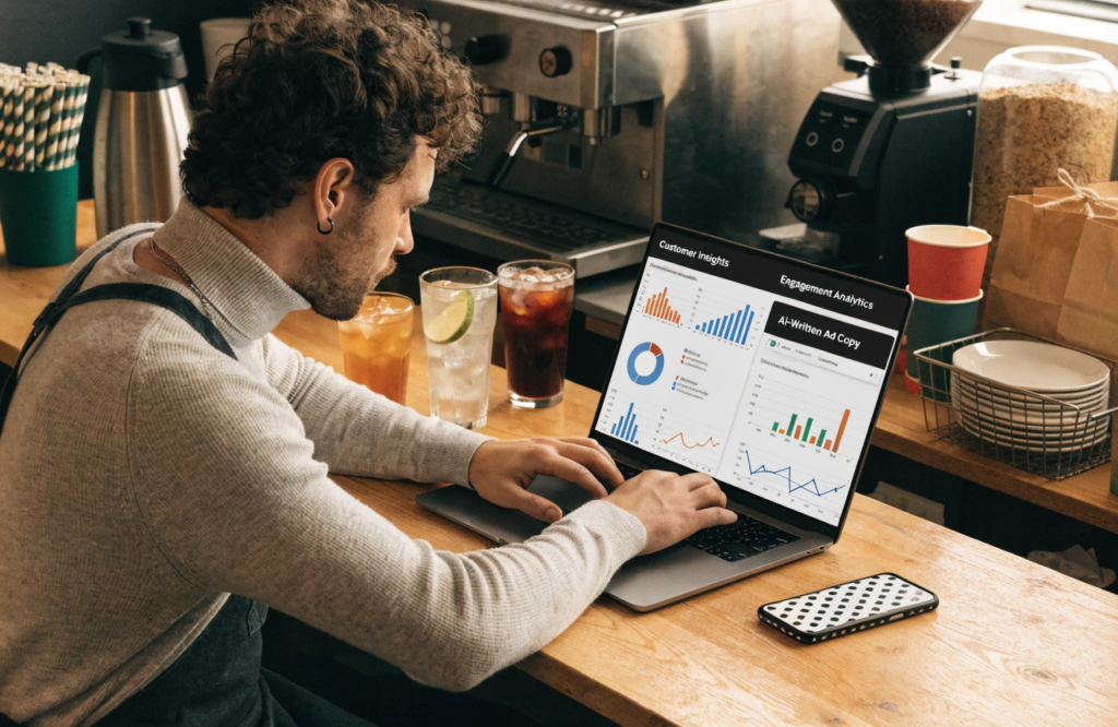 Business owner using AI tools to write high-converting ads.