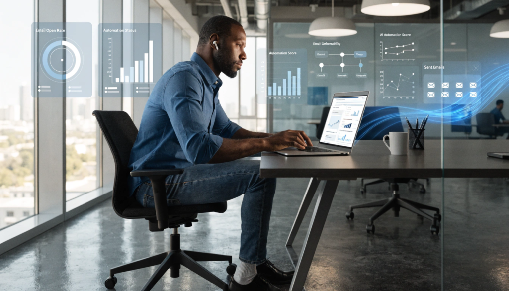 Business owner using AI-powered email marketing automation dashboard with analytics and workflows.