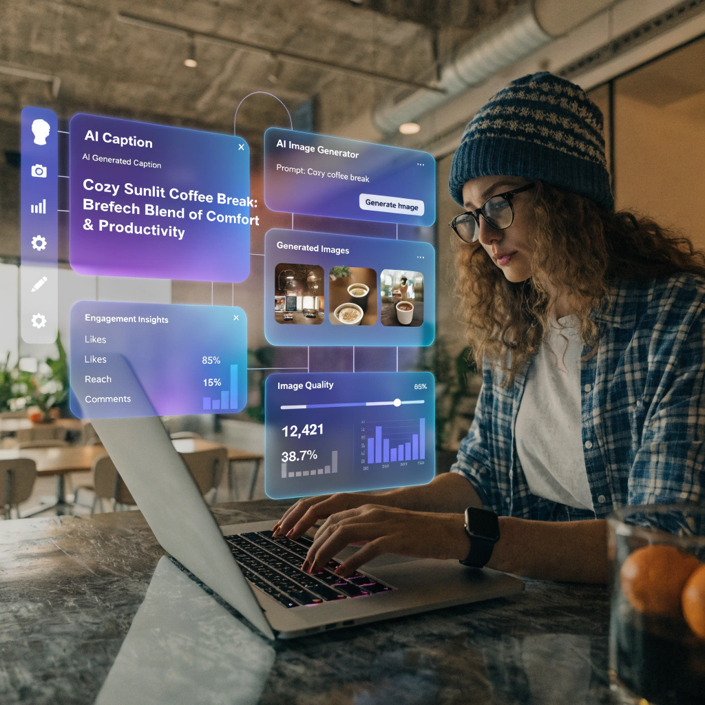 AI for business marketing tools generating social media posts automatically in a modern digital workspace