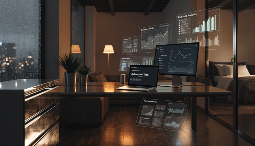 AI tools running business operations automatically in a modern digital workspace at night.