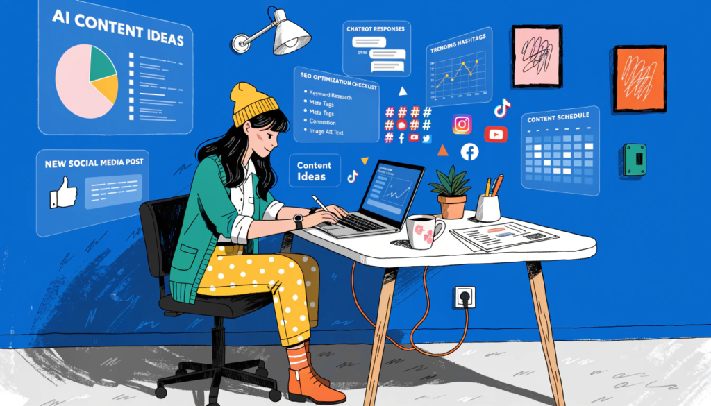 AI for business marketing tools creating content for small businesses in a modern digital workspace.