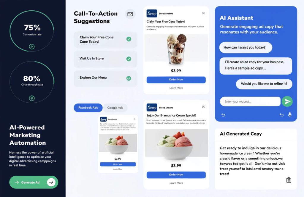 AI ad copy tools creating ads for local businesses.