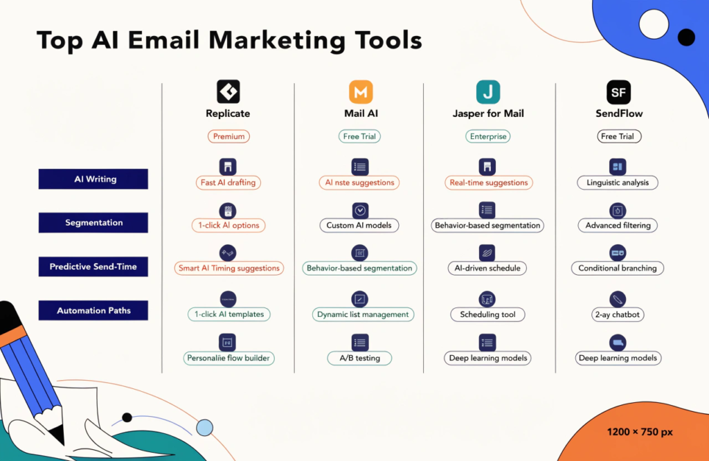 Comparison chart of top AI tools for email marketing automation and features.